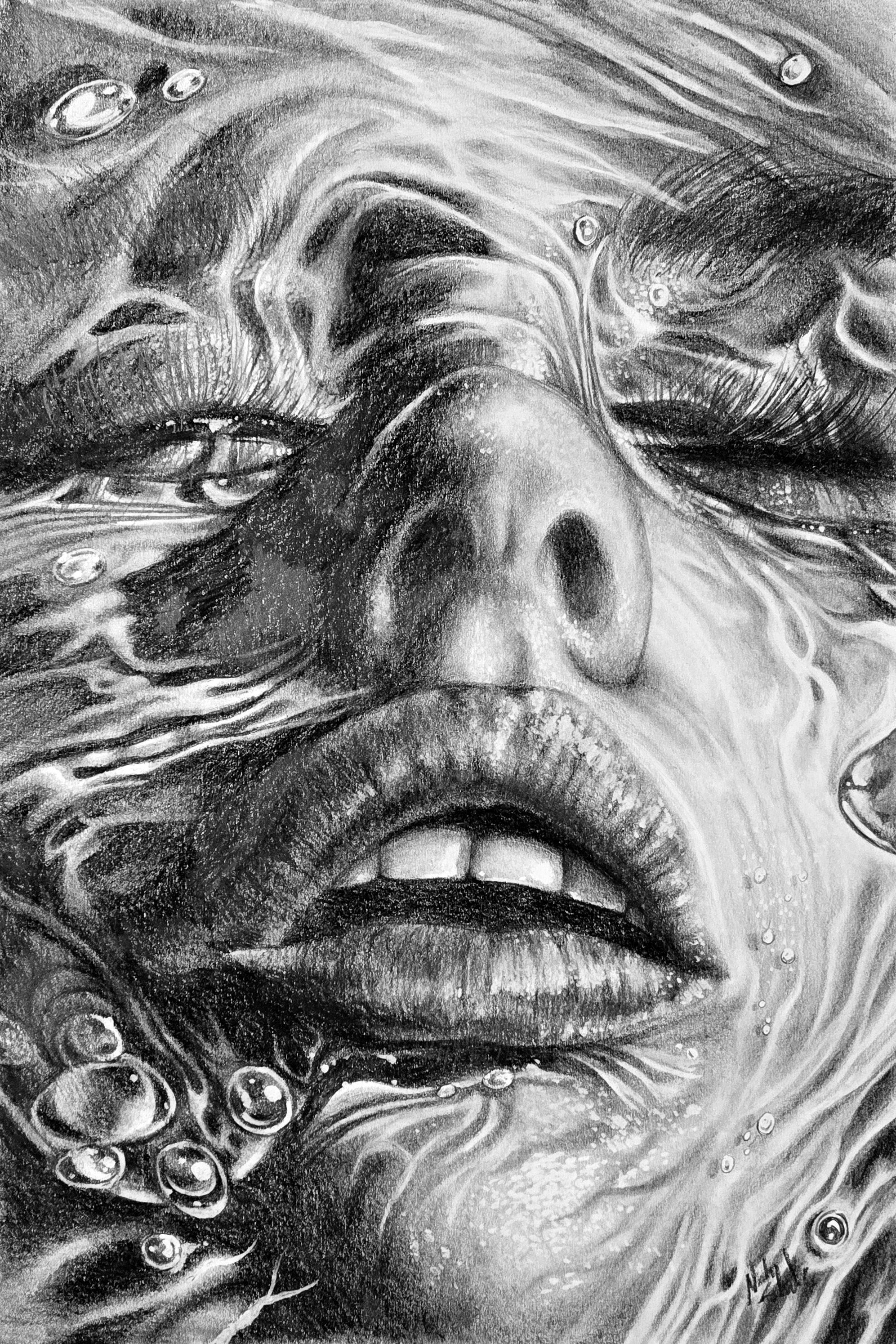 Surreal underwater pencil portrait
