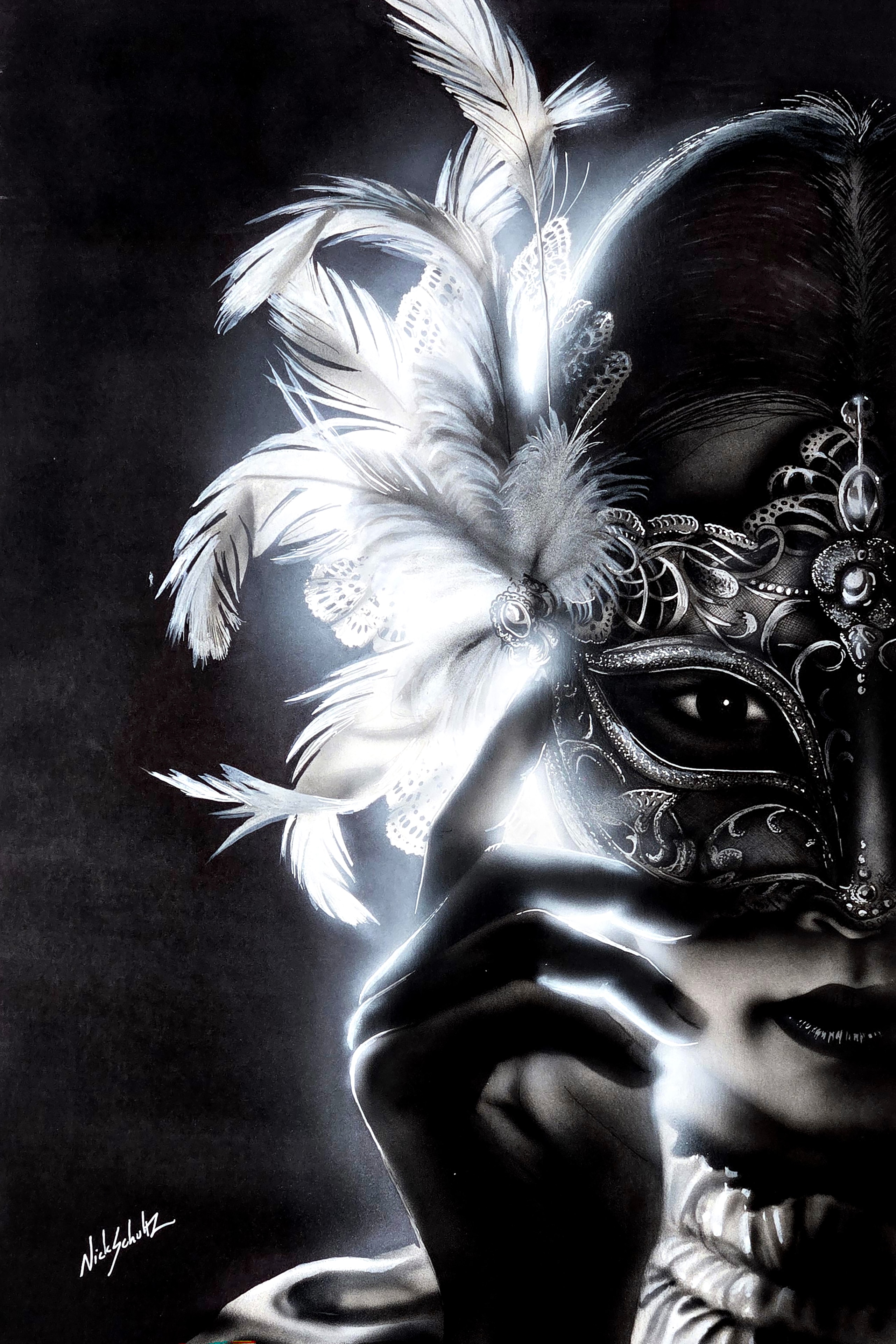 Woman wearing ornate masquerade mask