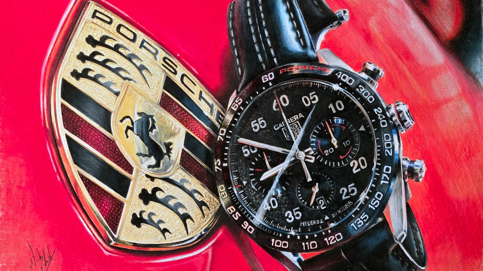 Vintage Ferrari racing art by Nick Schultz